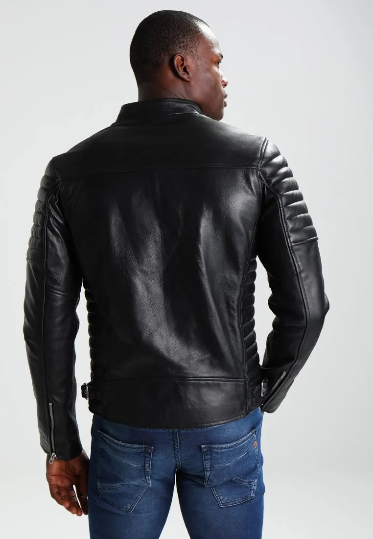 Mens Charcoal Black Leather Cafe Racer Jacket
