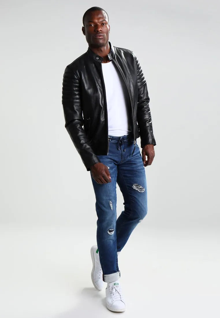 Mens Charcoal Black Leather Cafe Racer Jacket