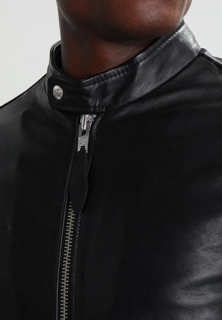 Mens Charcoal Black Leather Cafe Racer Jacket