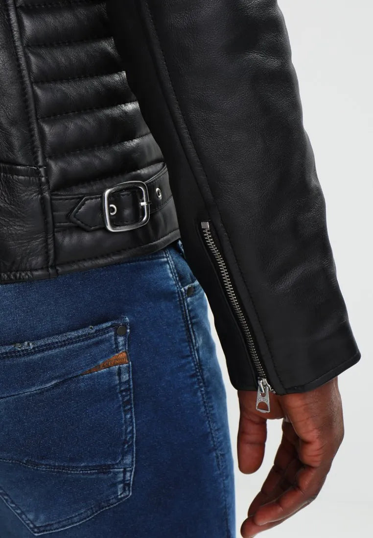 Mens Charcoal Black Leather Cafe Racer Jacket