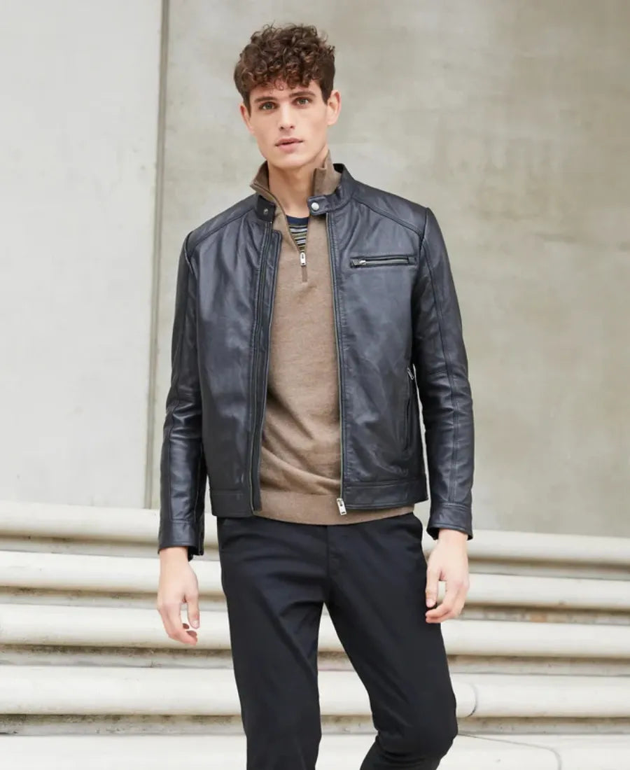 Mens Classic Black Cafe Racer Leather Jacket