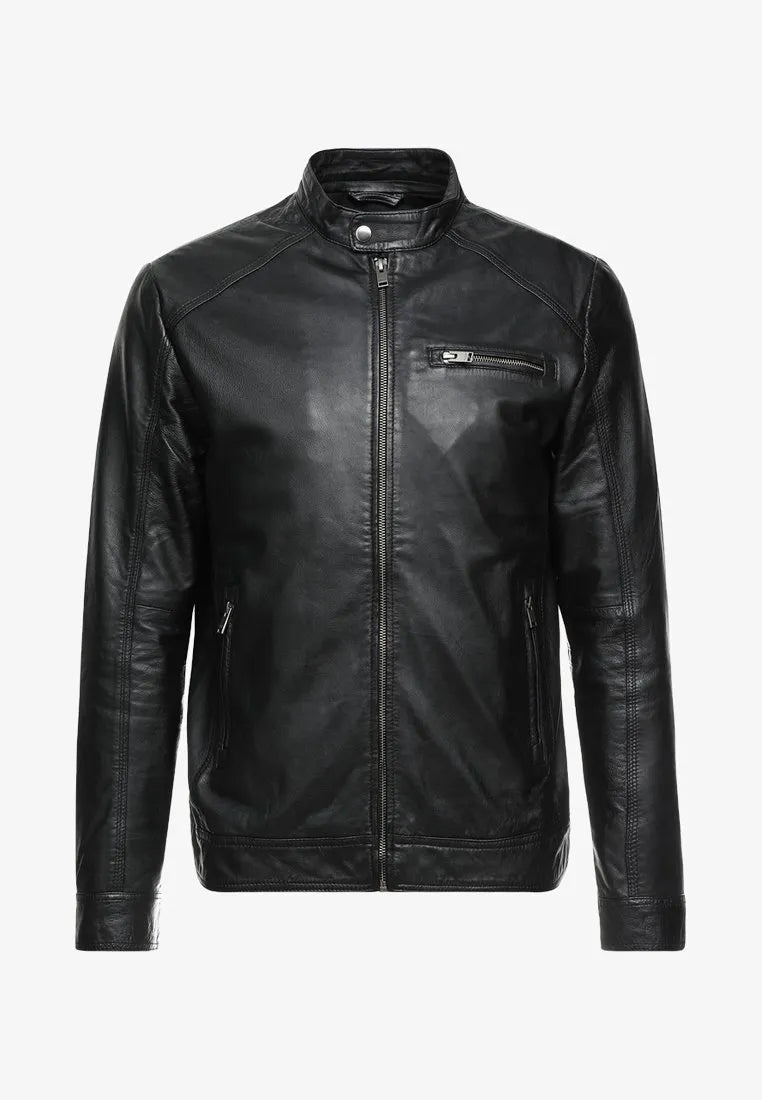 Mens Classic Black Cafe Racer Leather Jacket