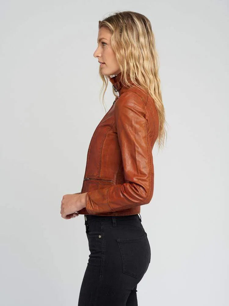 Monica Ladies Tanned Asymmetrical Moto Leather Jacket