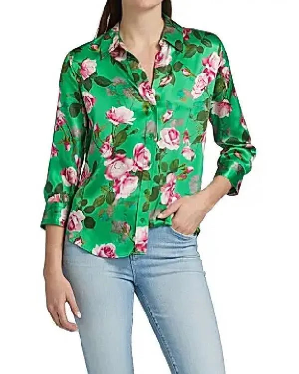 NBC News Vicky Nguyen Green Rose Print Blouse