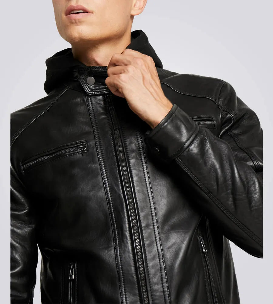 Nils Black Shearling Hooded Biker Leather Jacket