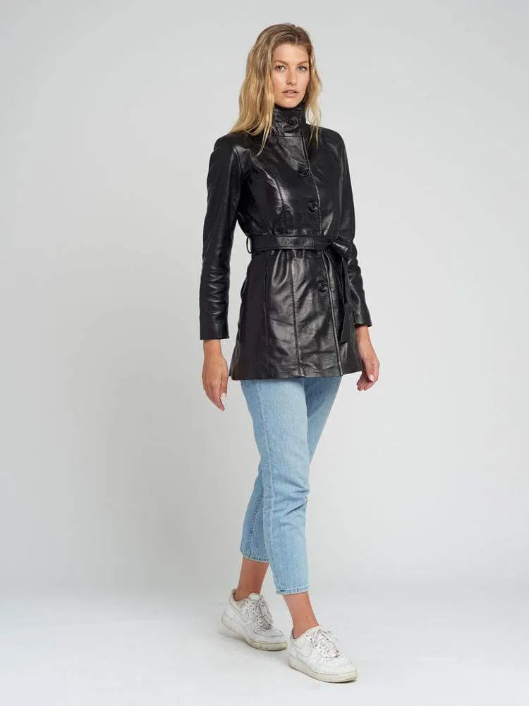 Nora Belted Black Leather Jacket