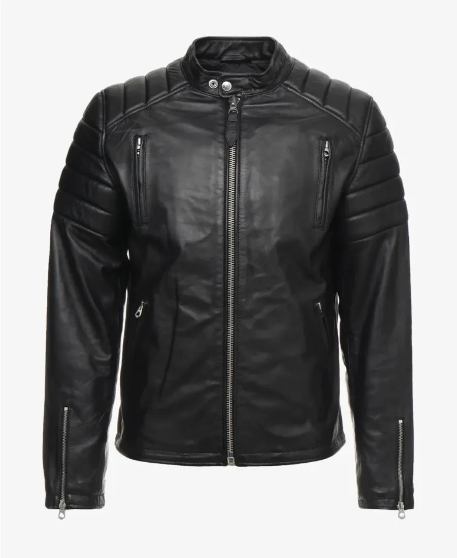 Vieno Mens Cafe Racer Leather Jacket