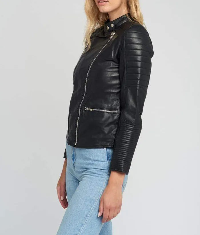 Women’s Black Quilted Standing Collar Leather Jacket
