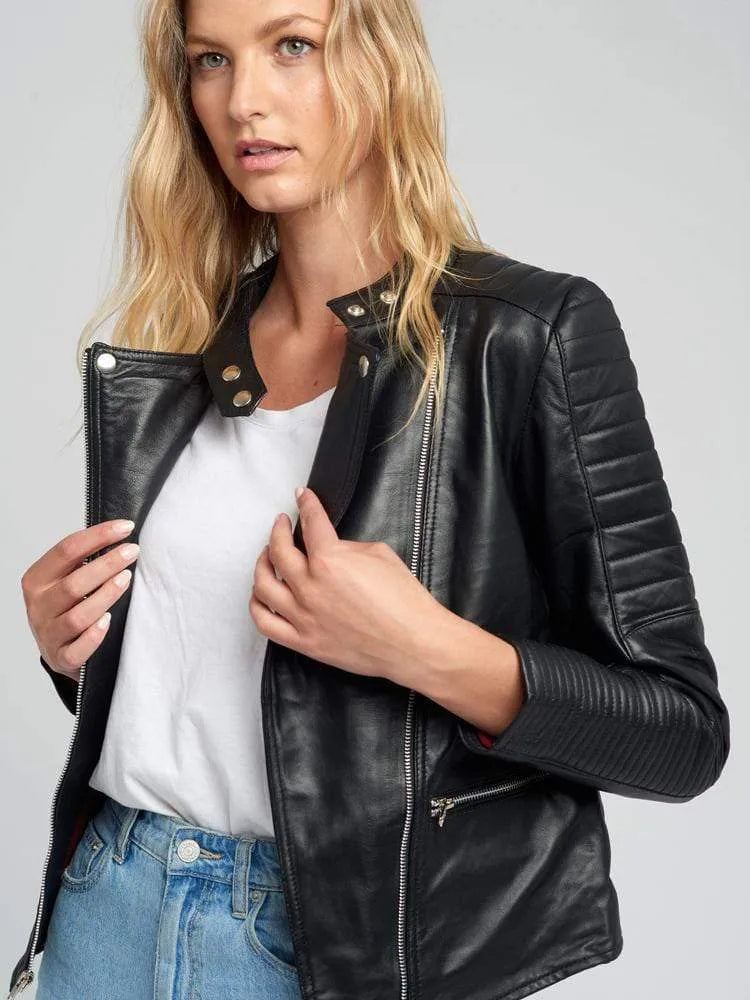 Women’s Black Quilted Standing Collar Leather Jacket