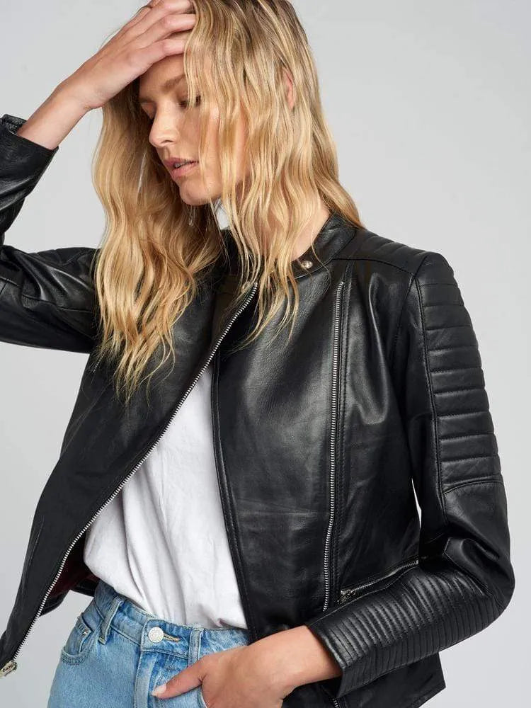 Women’s Black Quilted Standing Collar Leather Jacket