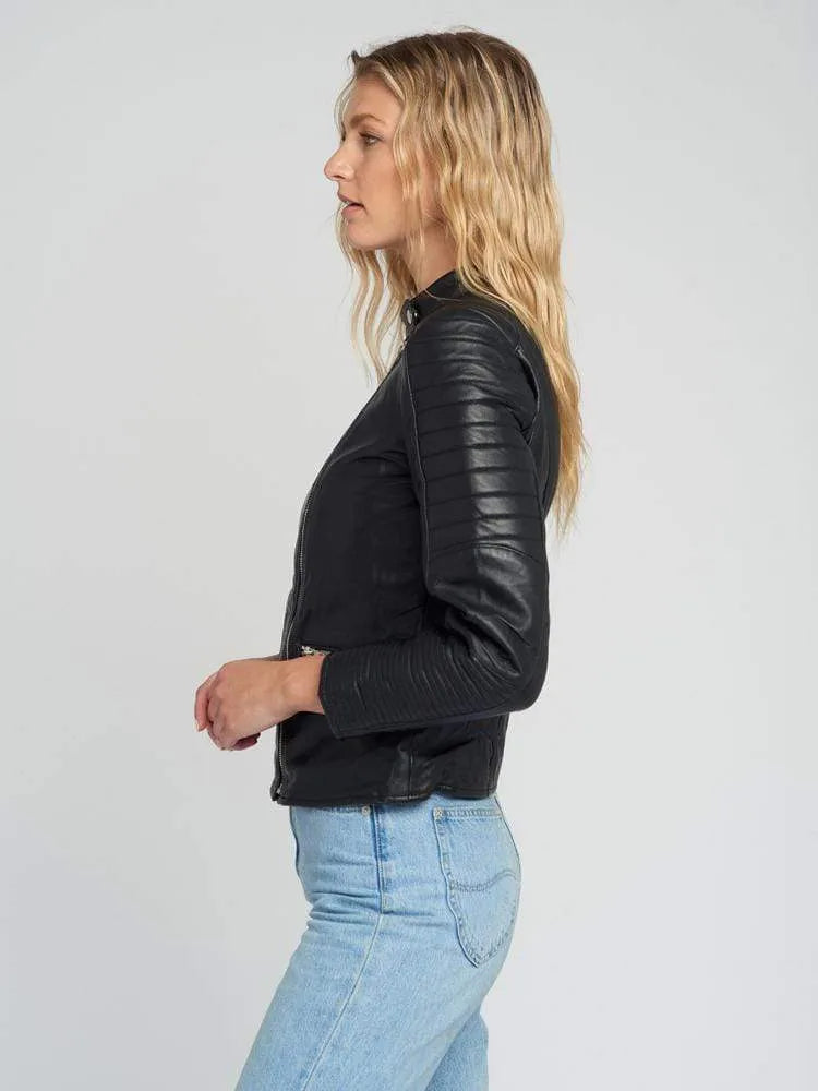 Women’s Black Quilted Standing Collar Leather Jacket