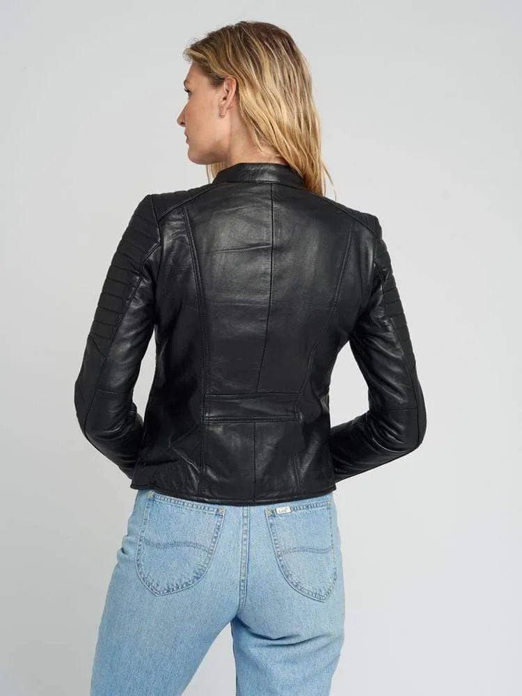 Women’s Black Quilted Standing Collar Leather Jacket