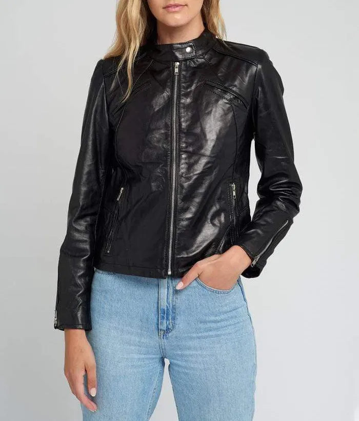 Womens Black Tab Collar Cafe Racer Black Leather Jacket
